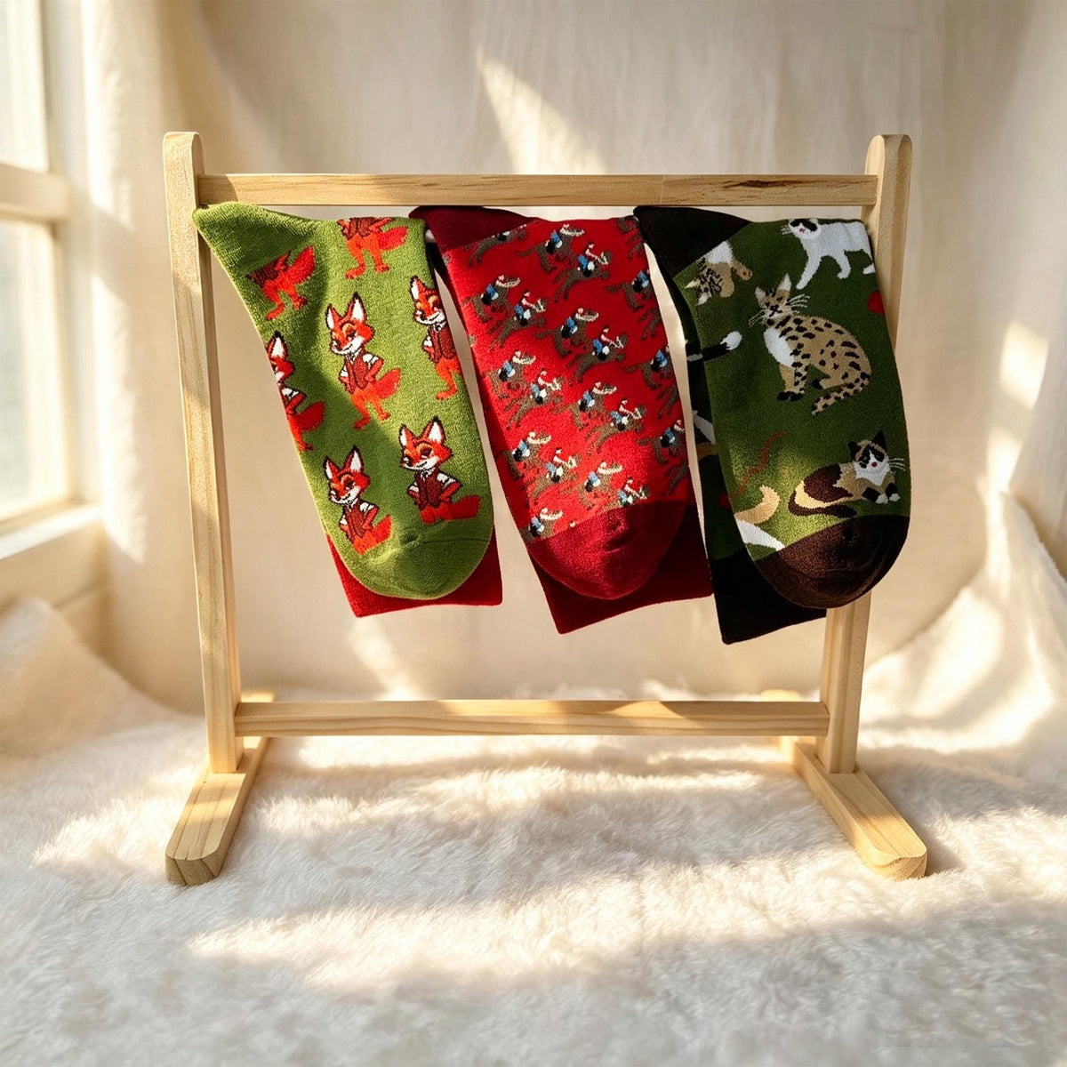 Horse Riding Cat and Fox Socks, Personalized Animal Crew Socks, Custom Gift by AnnieColors, view 9