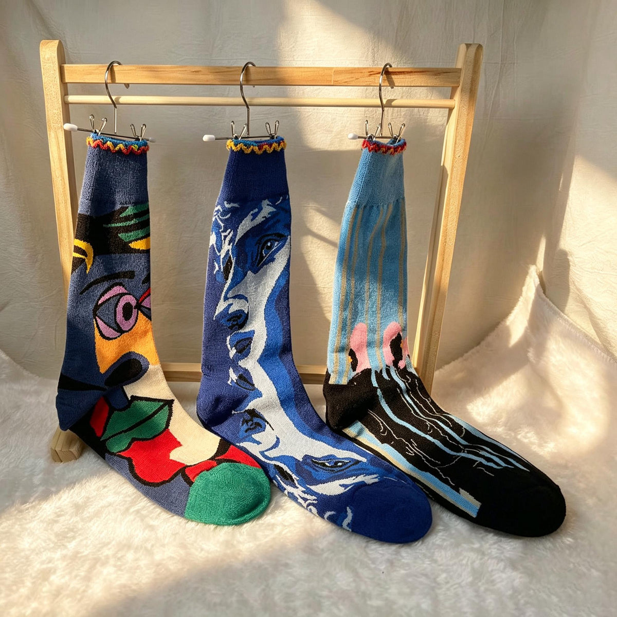 Abstract Face Socks: Modern Portrait Wearable Art Gift by AnnieColors, view 5