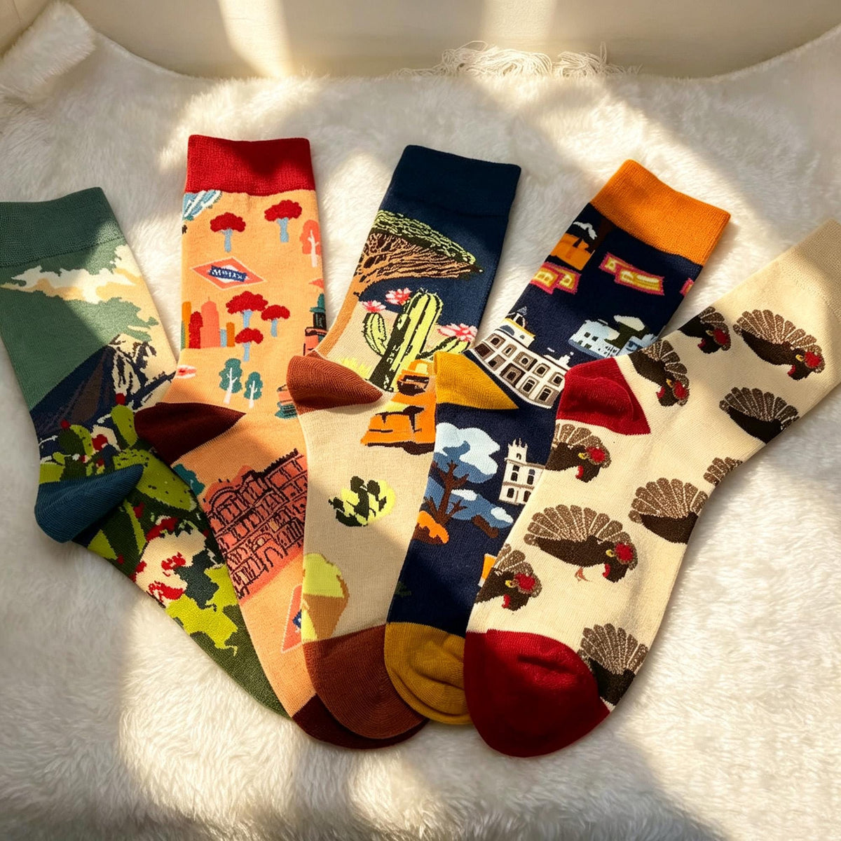 Scenic Landscape Crew Socks, Travel Art & Holiday Novelty Hosiery by AnnieColors