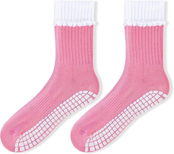 Ruffle Grip Socks for Women, Coquette Pilates and Barre Socks, Non Slip Yoga Socks, Pink Fitness Gift by AnnieColors, view 7