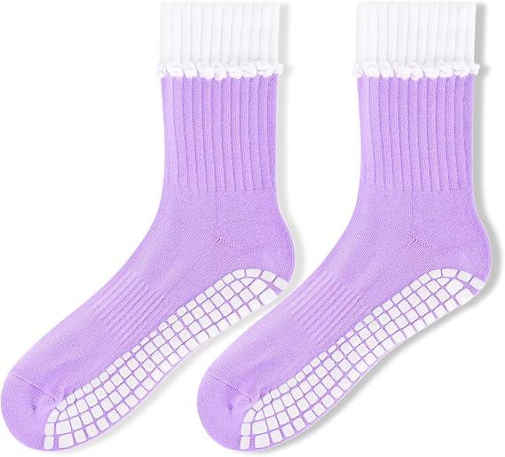 Ruffle Grip Socks for Women, Coquette Pilates and Barre Socks, Non Slip Yoga Socks, Pink Fitness Gift by AnnieColors, view 8