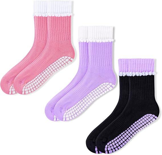 Ruffle Grip Socks for Women, Coquette Pilates and Barre Socks, Non Slip Yoga Socks, Pink Fitness Gift by AnnieColors, view 2