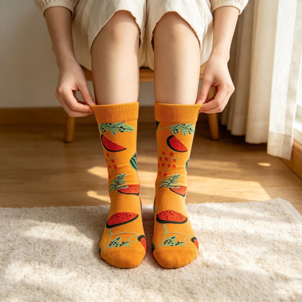 Avocado Watermelon and Apple Socks, Quirky Fruit Crew Socks, Gen Z Foodie Gift by AnnieColors, view 2