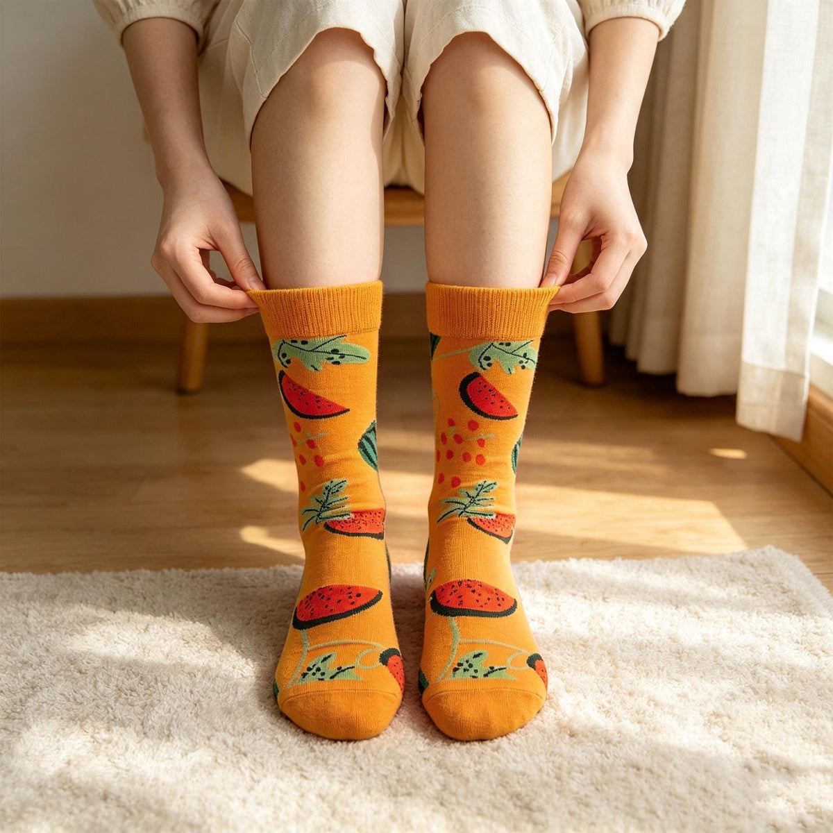 Avocado Watermelon and Apple Socks, Quirky Fruit Crew Socks, Gen Z Foodie Gift by AnnieColors, view 2