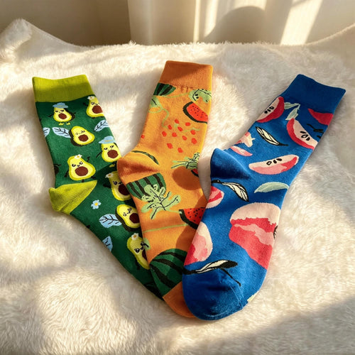 Avocado Watermelon and Apple Socks, Quirky Fruit Crew Socks, Gen Z Foodie Gift by AnnieColors