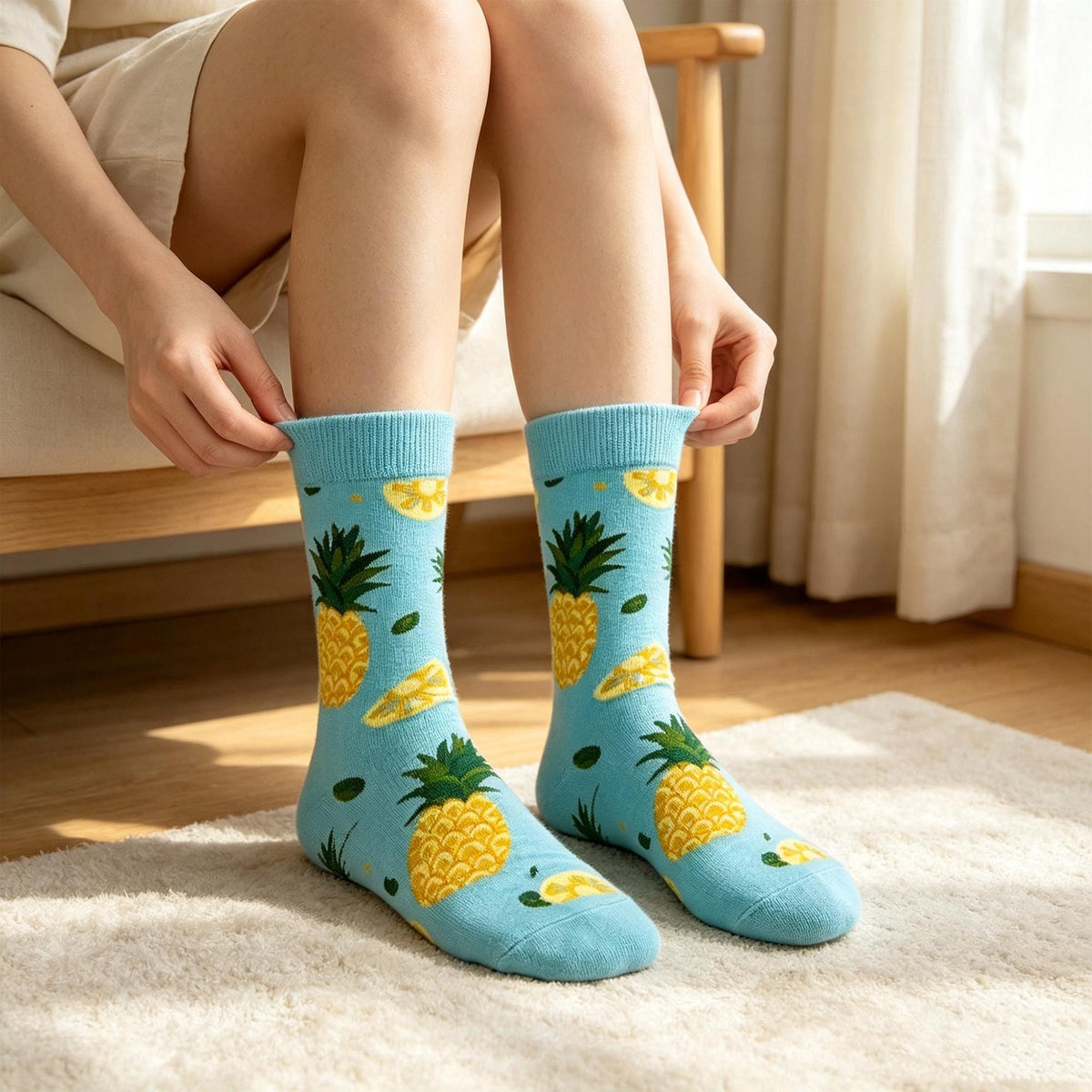 Vacation Fruit Socks, Coconut Lemon and Pineapple Crew Socks, Tropical Beach and Cruise Gift by AnnieColors, view 4