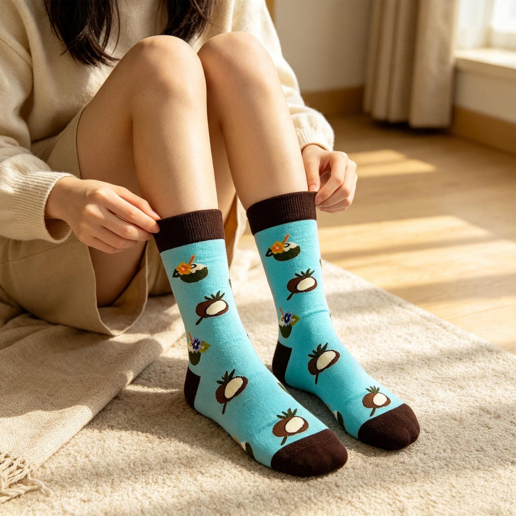 Vacation Fruit Socks, Coconut Lemon and Pineapple Crew Socks, Tropical Beach and Cruise Gift by AnnieColors, view 3