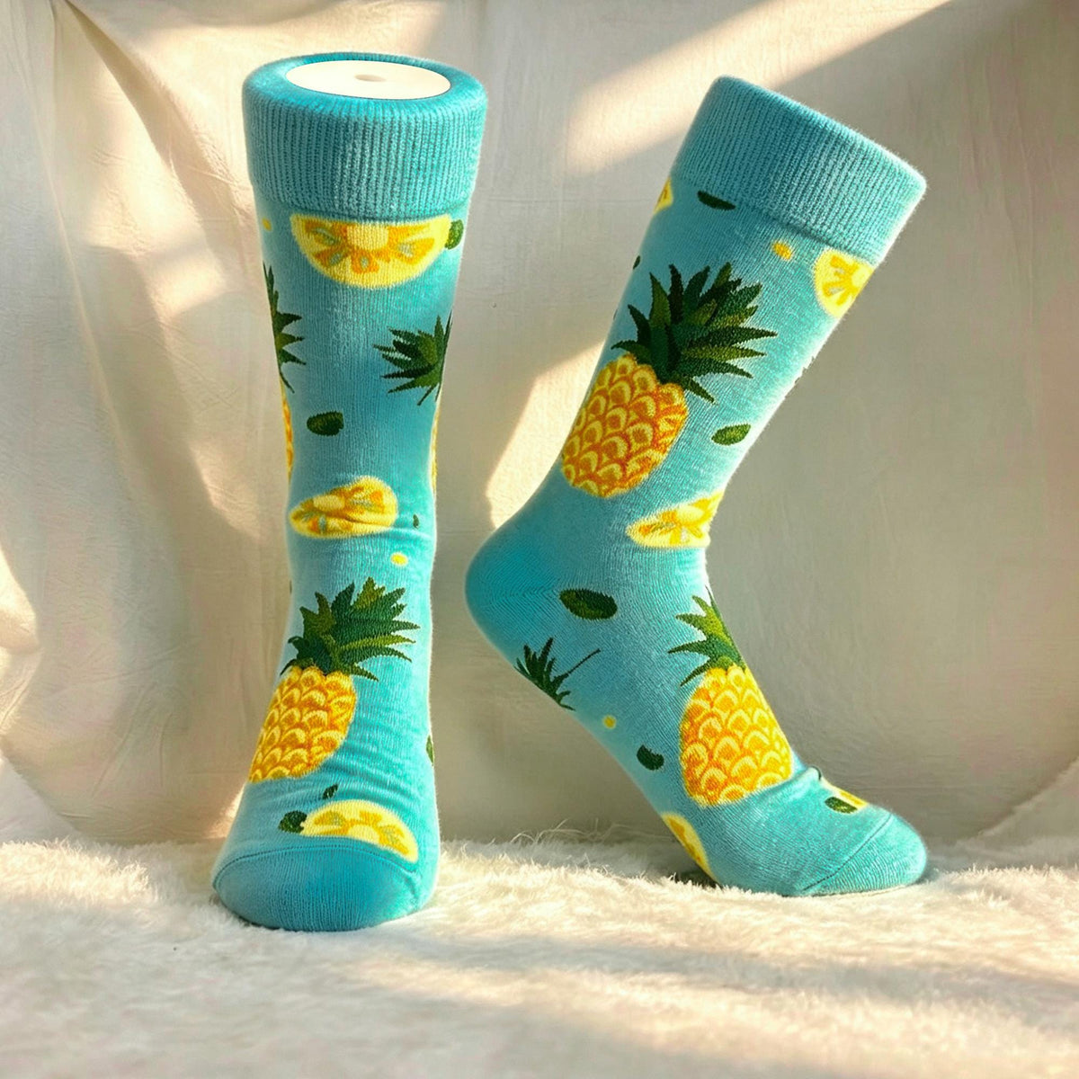 Vacation Fruit Socks, Coconut Lemon and Pineapple Crew Socks, Tropical Beach and Cruise Gift by AnnieColors, view 5