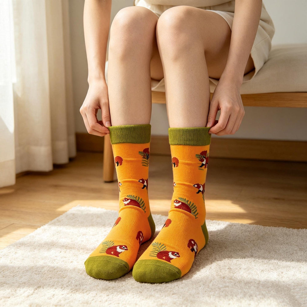 Red Panda and Tropical Bird Socks, Personalized Nature Crew Socks, Custom Gift by AnnieColors, view 4