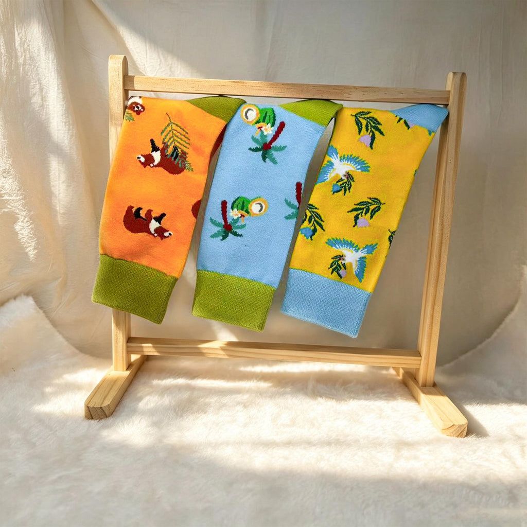 Red Panda and Tropical Bird Socks, Personalized Nature Crew Socks, Custom Gift by AnnieColors, view 10