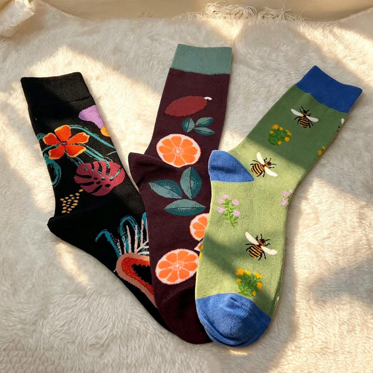 Garden Lover Socks, Bee Citrus and Tropical Flower Crew Socks, Gardener Gift by AnnieColors