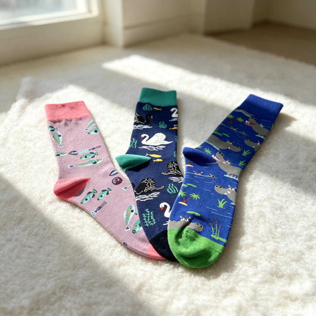 Hippo Swan and Fish Socks, Personalized Animal Crew Socks, Custom Gift for Her by AnnieColors