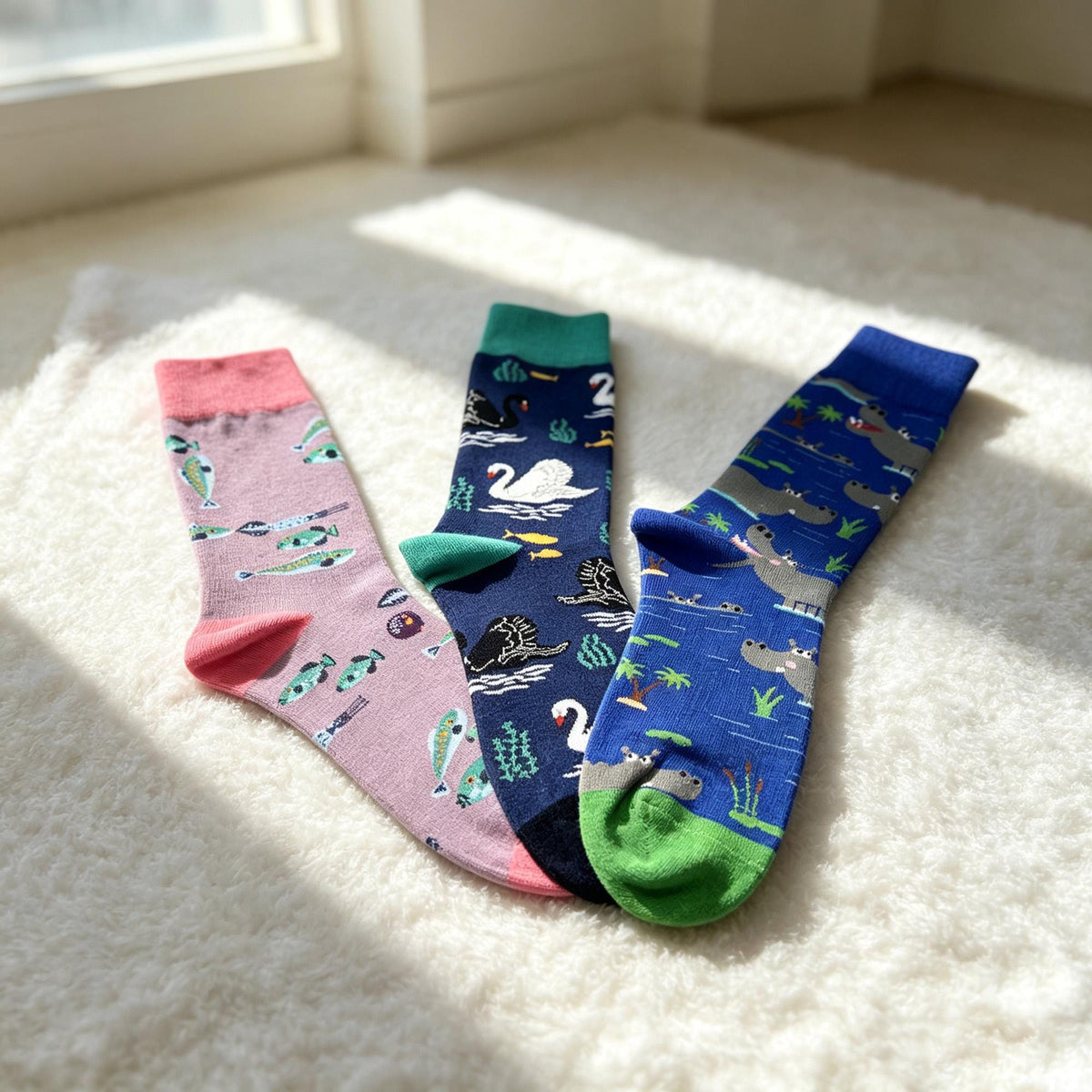 Hippo Swan and Fish Socks, Personalized Animal Crew Socks, Custom Gift for Her by AnnieColors
