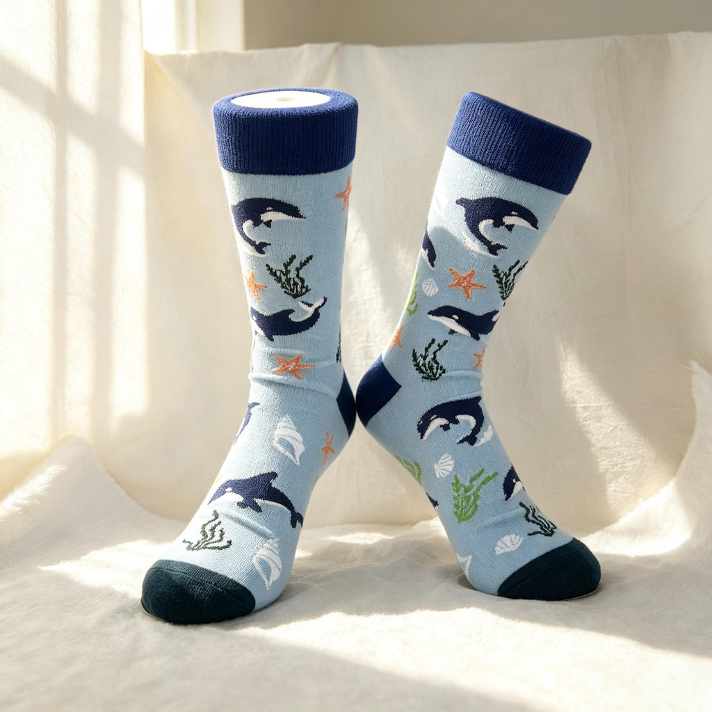 Horse Dolphin and Pufferfish Socks, Personalized Ocean Animal Crew Socks, Custom Gift by AnnieColors, view 10
