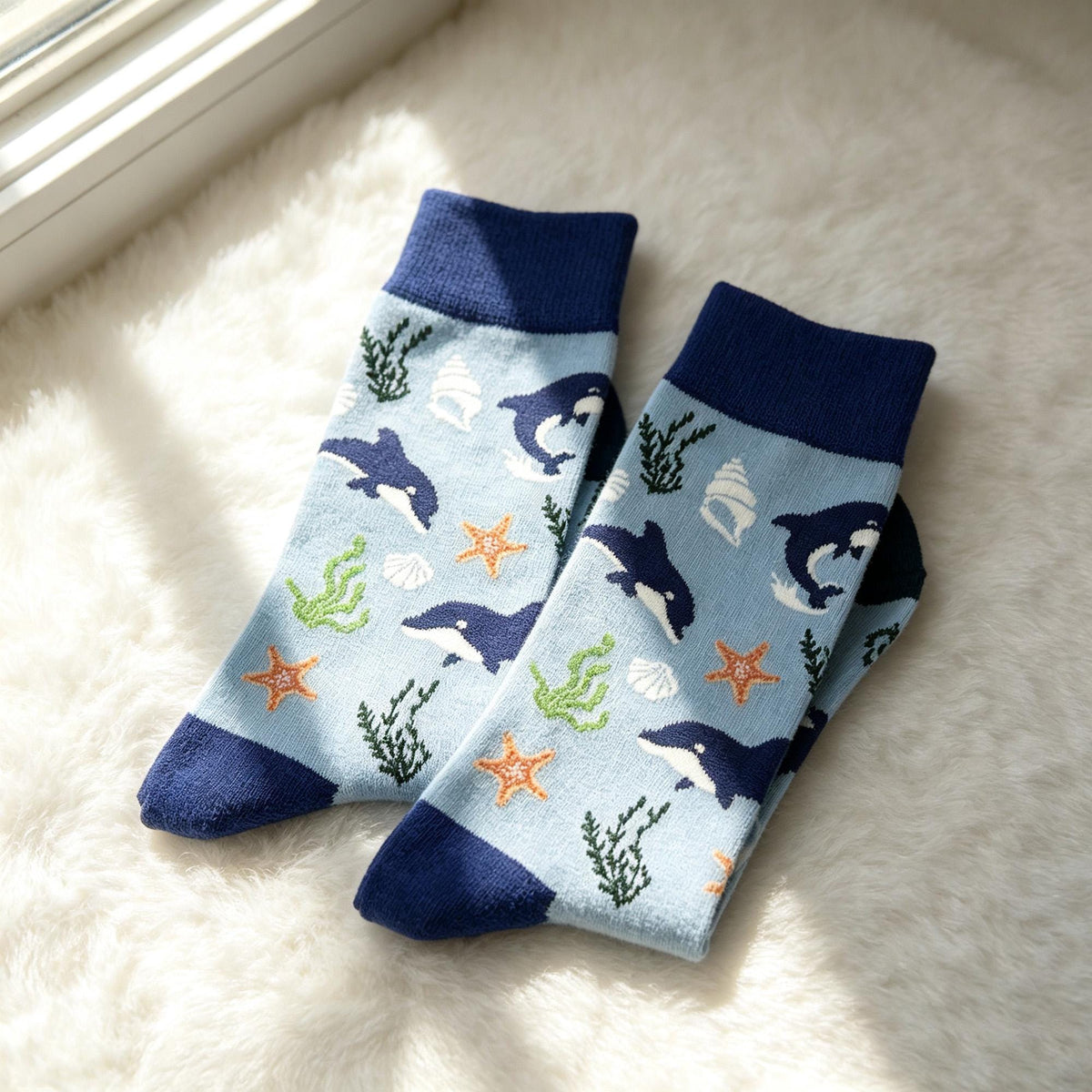 Horse Dolphin and Pufferfish Socks, Personalized Ocean Animal Crew Socks, Custom Gift by AnnieColors, view 7