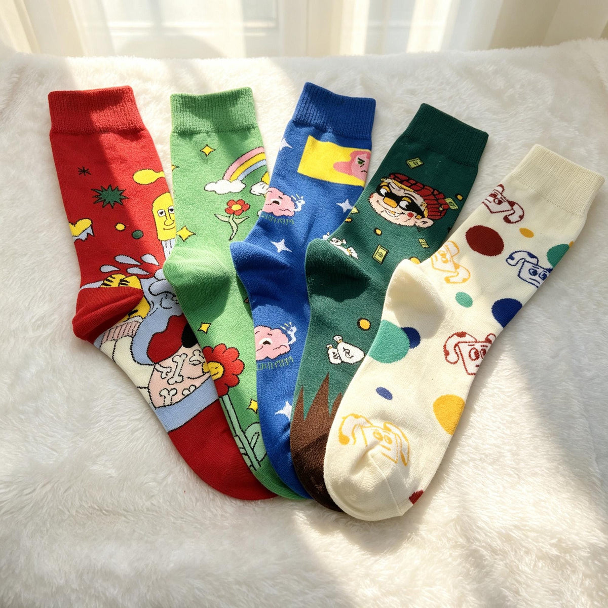 Colorful Cartoon Socks sock collection, Personalized Graphic Crew Socks, Five Pair Streetwear Gift by AnnieColors