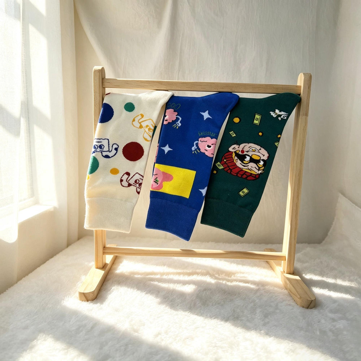 Colorful Cartoon Socks sock collection, Personalized Graphic Crew Socks, Five Pair Streetwear Gift by AnnieColors, view 3