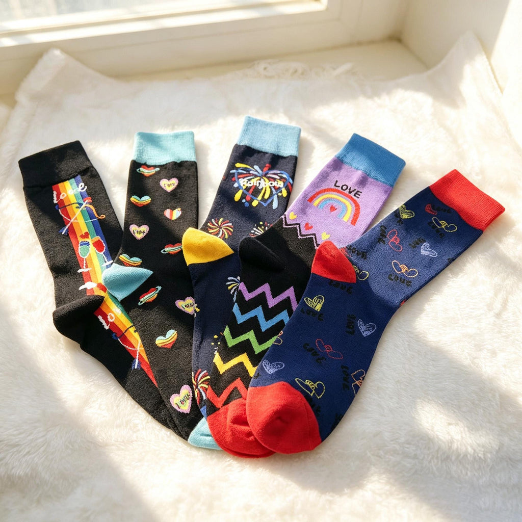 Colorful Rainbow Heart Fireworks Cartoon Crew Socks, Quirky Graphic Streetwear Hosiery by AnnieColors