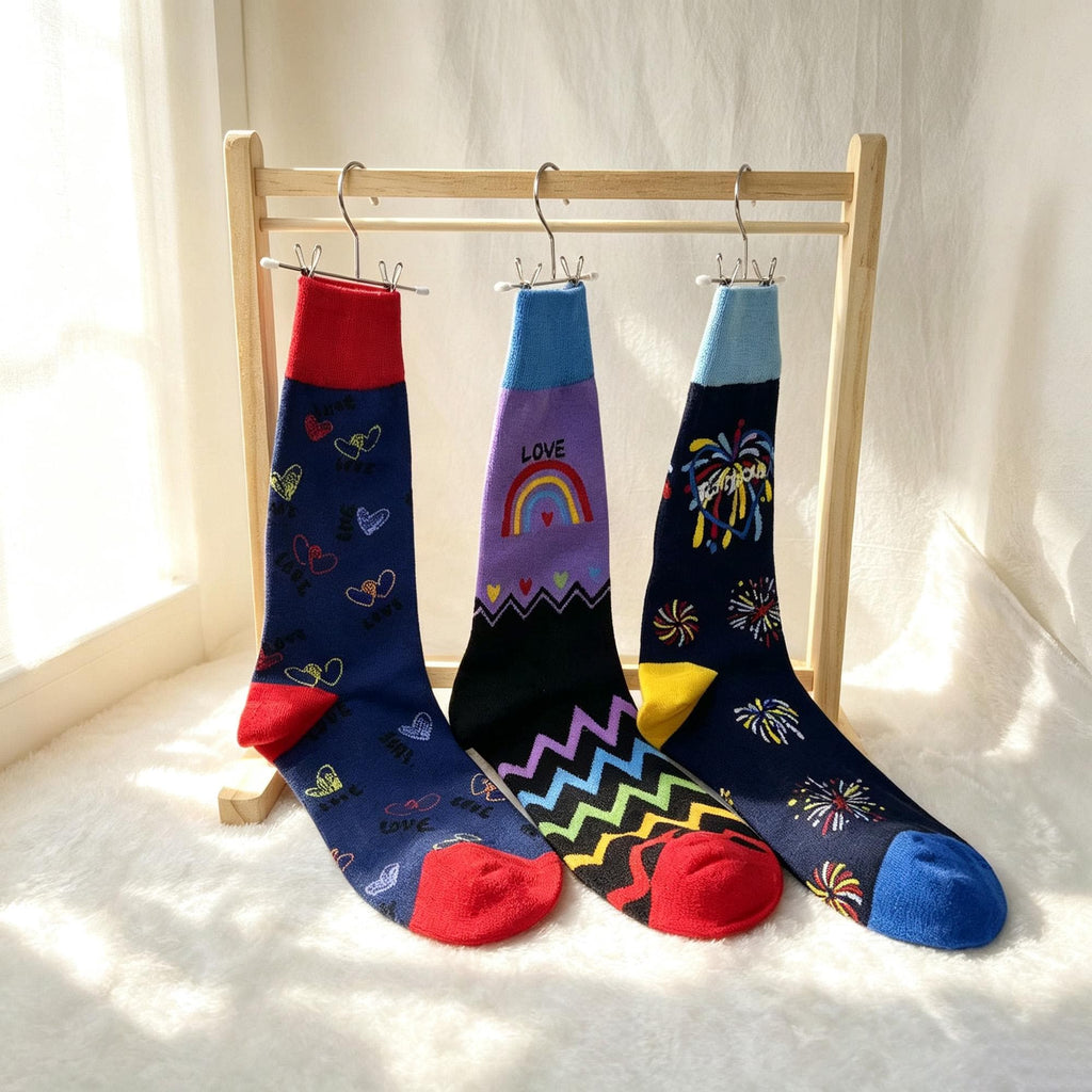 Colorful Rainbow Heart Fireworks Cartoon Crew Socks, Quirky Graphic Streetwear Hosiery by AnnieColors, view 2
