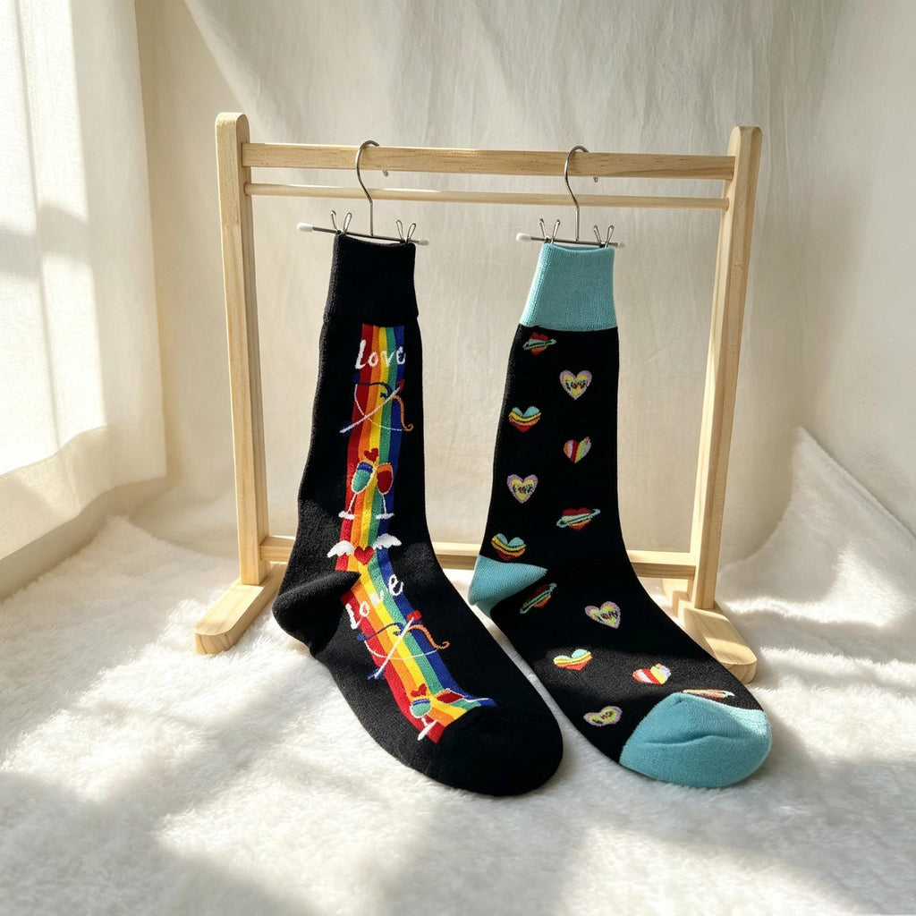 Colorful Rainbow Heart Fireworks Cartoon Crew Socks, Quirky Graphic Streetwear Hosiery by AnnieColors, view 5