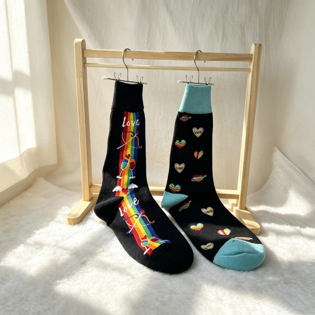 Colorful Rainbow Heart Fireworks Cartoon Crew Socks, Quirky Graphic Streetwear Hosiery by AnnieColors, view 5