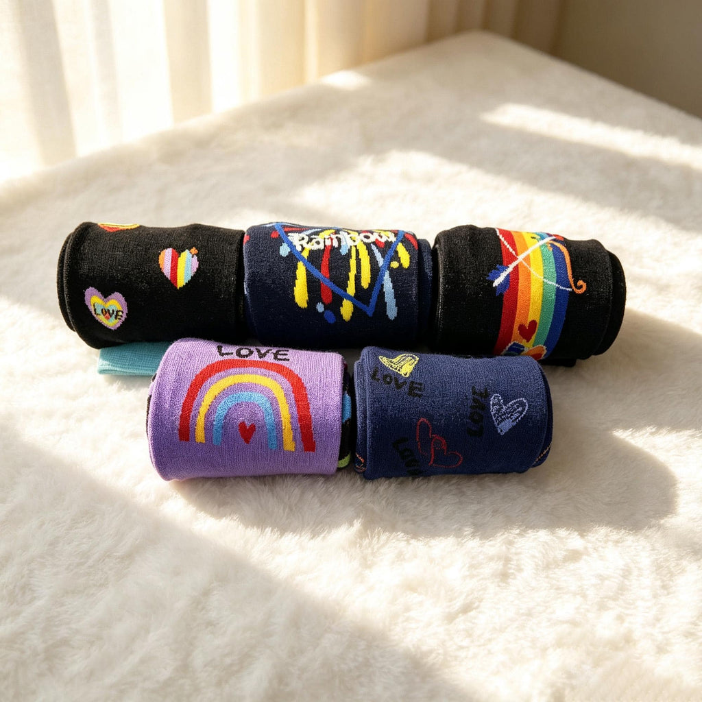 Colorful Rainbow Heart Fireworks Cartoon Crew Socks, Quirky Graphic Streetwear Hosiery by AnnieColors, view 6