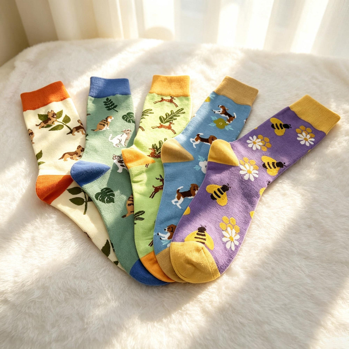 Cute Animal Kitten Crew Socks, Quirky Nature Graphic Streetwear Hosiery, Aesthetic Plant Socks by AnnieColors