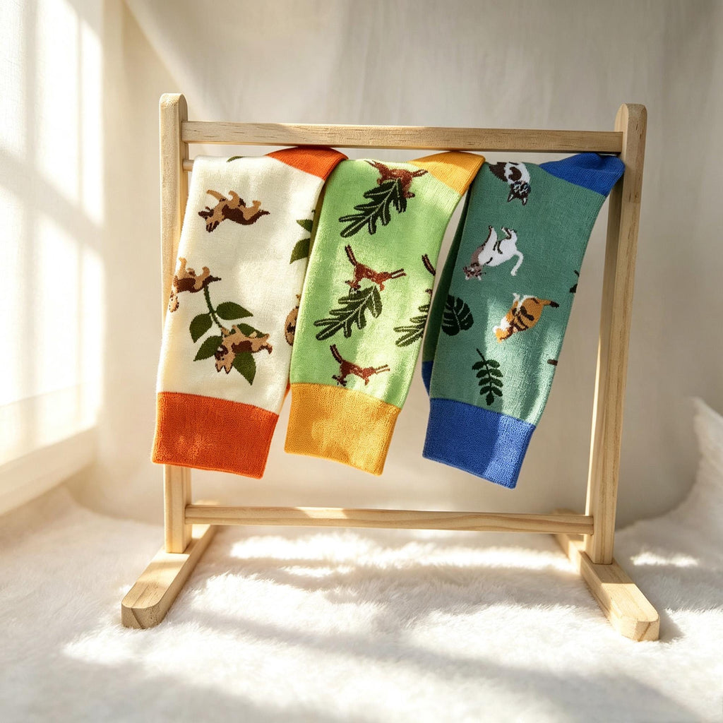 Cute Animal Kitten Crew Socks, Quirky Nature Graphic Streetwear Hosiery, Aesthetic Plant Socks by AnnieColors, view 3