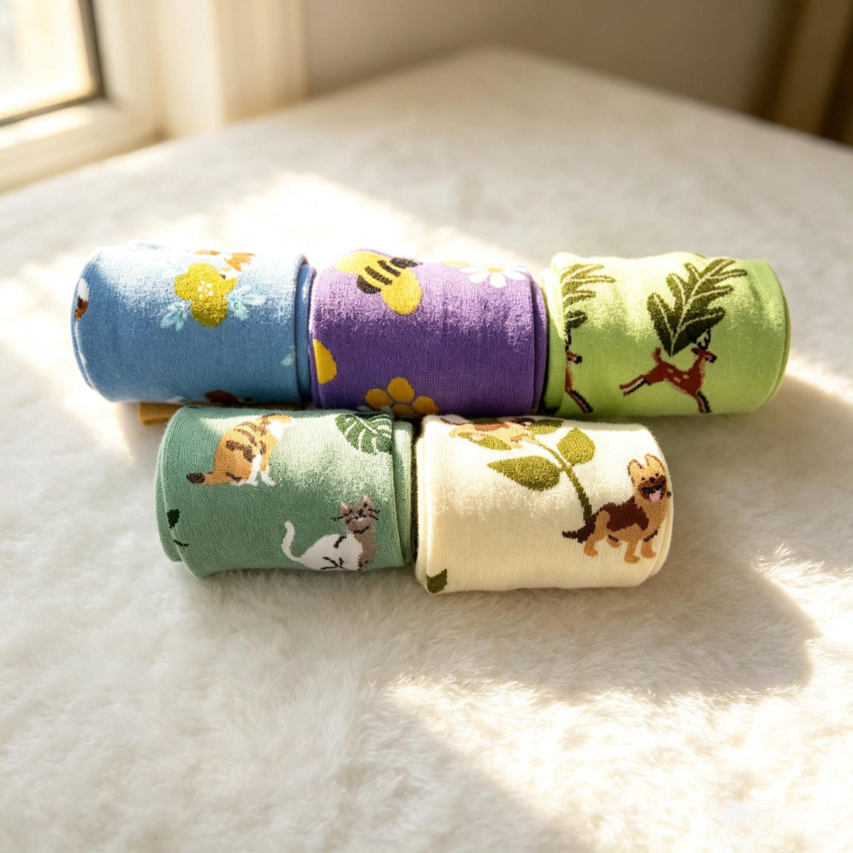 Cute Animal Kitten Crew Socks, Quirky Nature Graphic Streetwear Hosiery, Aesthetic Plant Socks by AnnieColors, view 6