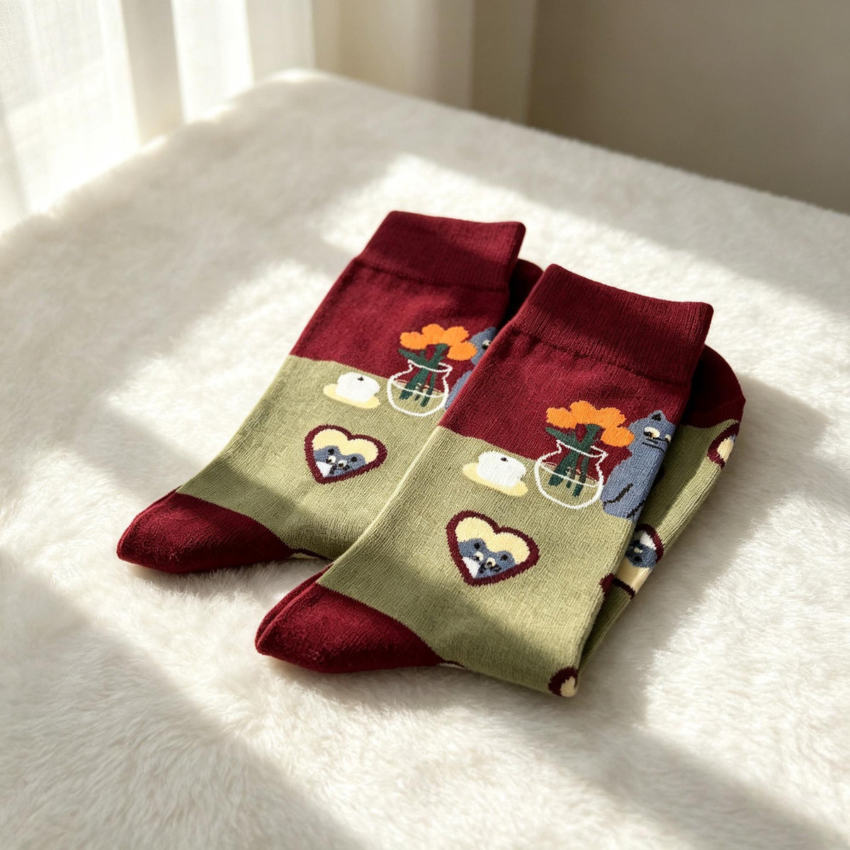 Matching Couple Socks, Cat Heart and Floral Crew Socks, Personalized Two Pair Gift by AnnieColors, view 2