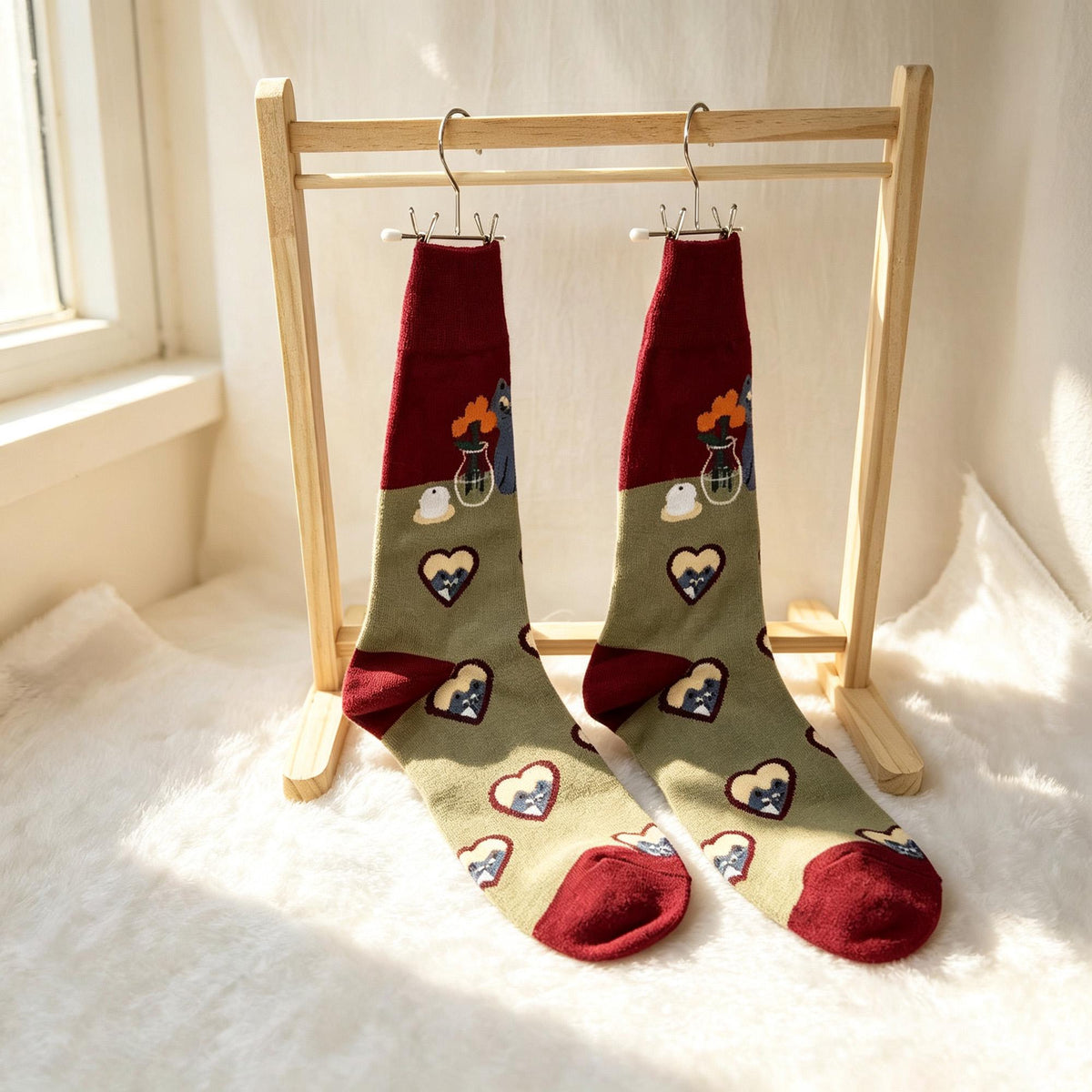 Matching Couple Socks, Cat Heart and Floral Crew Socks, Personalized Two Pair Gift by AnnieColors, view 5