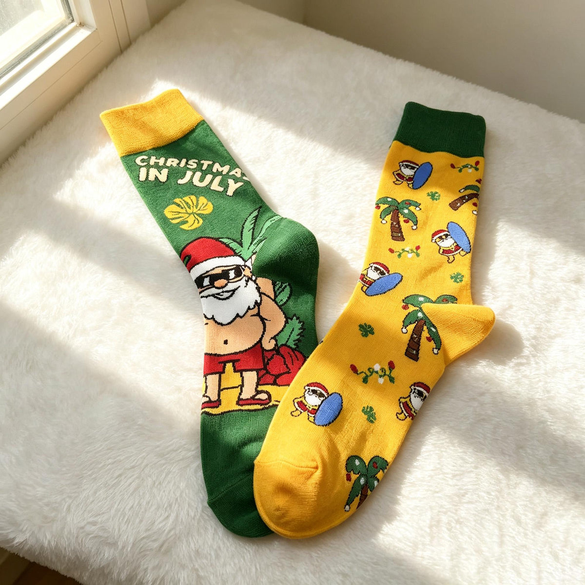 Surfing Santa Socks, Tropical Christmas Crew Socks, Funny Beach Vacation Gift by AnnieColors, view 2