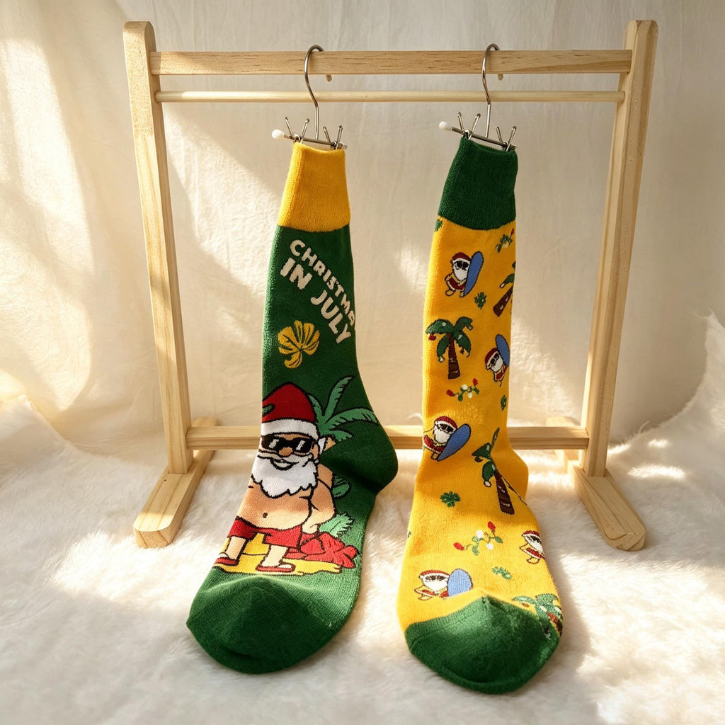 Surfing Santa Socks, Tropical Christmas Crew Socks, Funny Beach Vacation Gift by AnnieColors, view 3