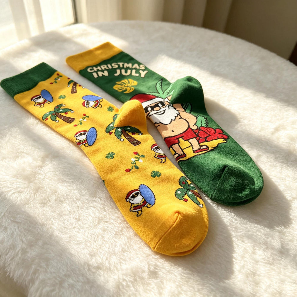 Surfing Santa Socks, Tropical Christmas Crew Socks, Funny Beach Vacation Gift by AnnieColors, view 8