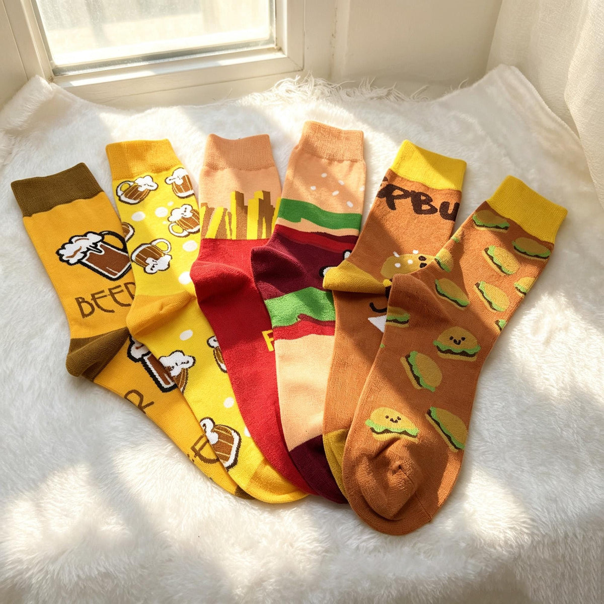 BBQ Party Socks, Burger Fries and Beer Crew Socks, Funny Host Gift by AnnieColors
