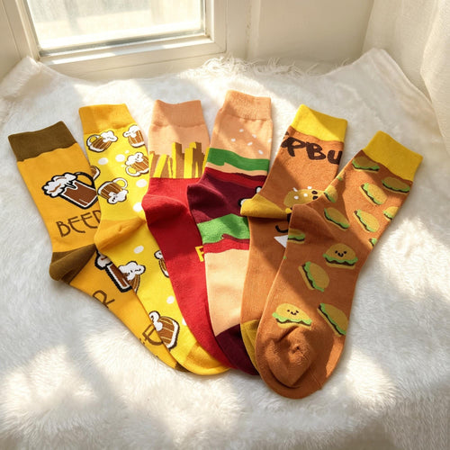 BBQ Party Socks, Burger Fries and Beer Crew Socks, Funny Host Gift by AnnieColors
