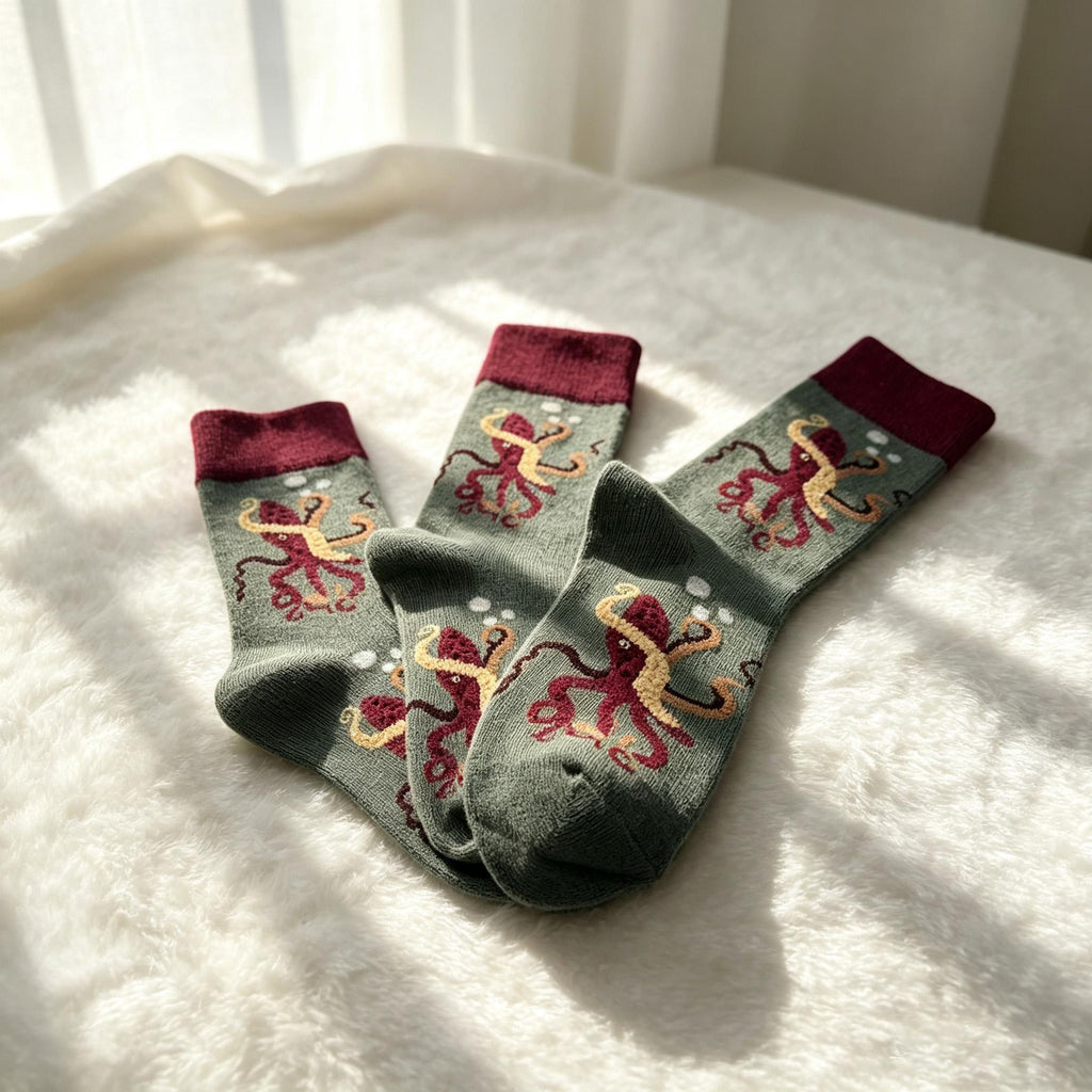 Novelty Animal Crew Socks sock collection, Playful Owl & Ocean octopus Nature Sox, Cozy Cartoon Print Ho... by AnnieColors…