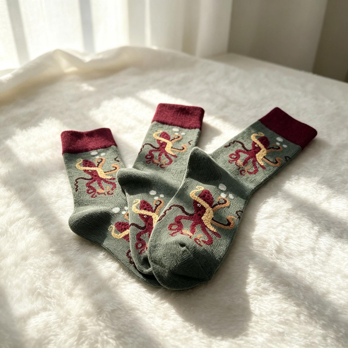 Novelty Animal Crew Socks sock collection, Playful Owl & Ocean octopus Nature Sox, Cozy Cartoon Print Ho... by AnnieColors…