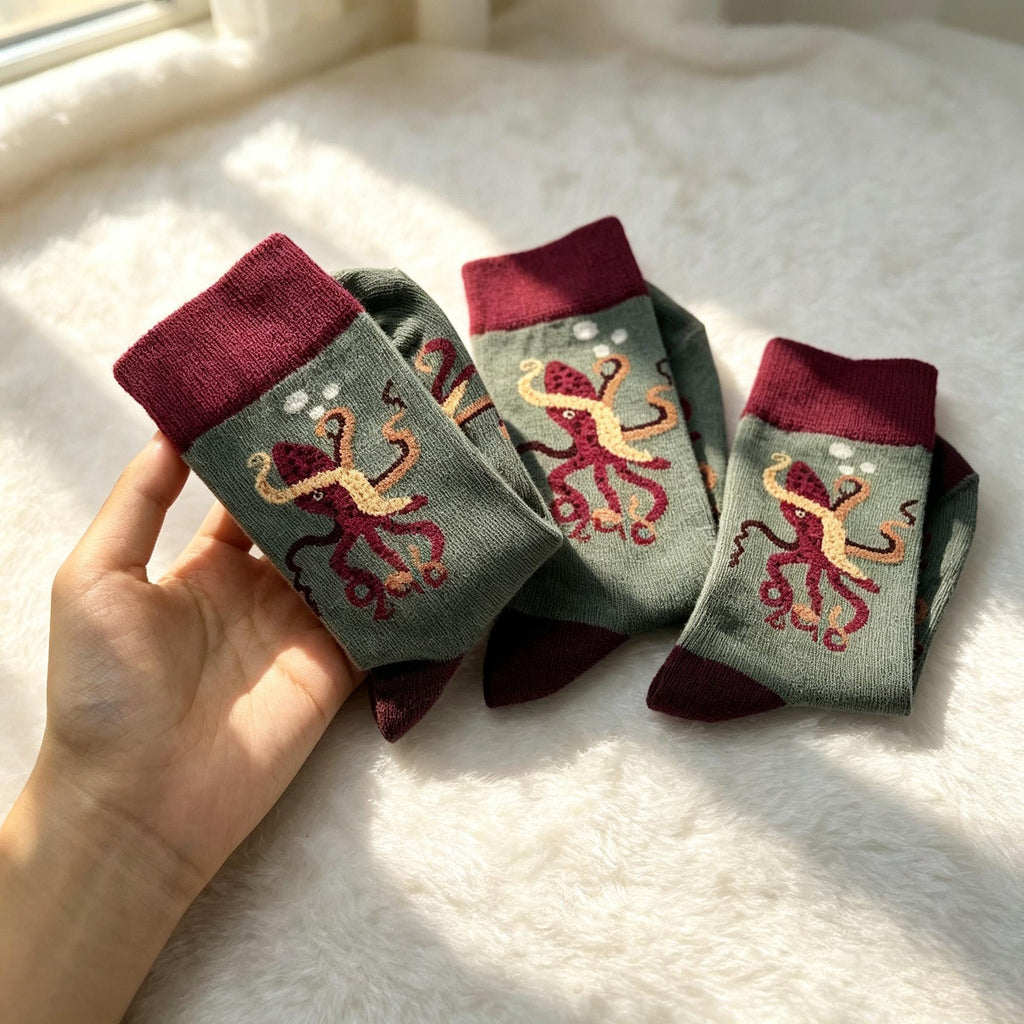 Novelty Animal Crew Socks sock collection, Playful Owl & Ocean octopus Nature Sox, Cozy Cartoon Print Ho... by AnnieColors…