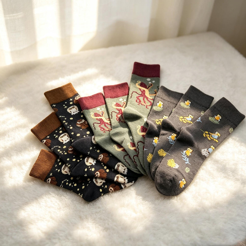 Novelty Animal Crew Socks sock collection, Playful Owl & Ocean octopus Nature Sox, Cozy Cartoon Print Ho... by AnnieColors…