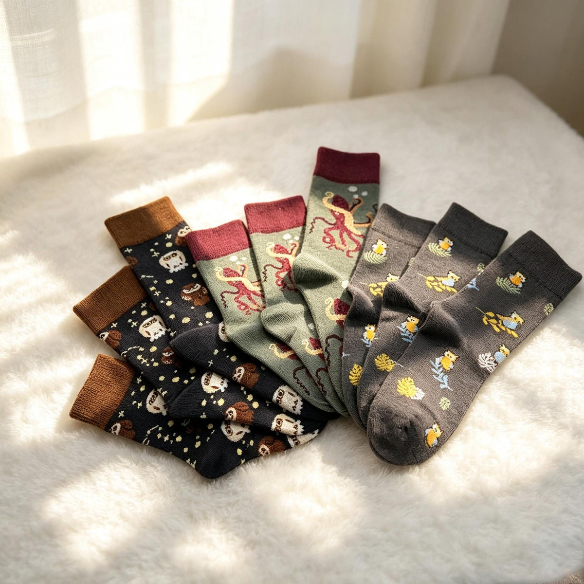 Novelty Animal Crew Socks sock collection, Playful Owl & Ocean octopus Nature Sox, Cozy Cartoon Print Ho... by AnnieColors…