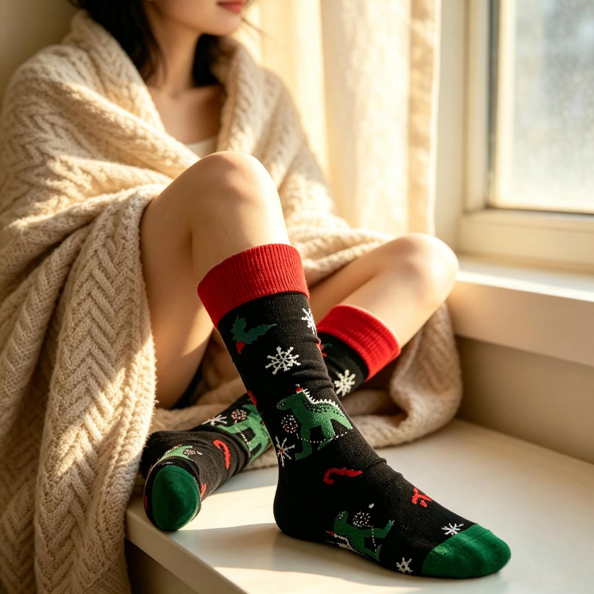 Colorful Festive Holiday Crew Socks, Novelty Dinosaur Xmas Sock, Cozy Winter Gift for Her by AnnieColors, view 6